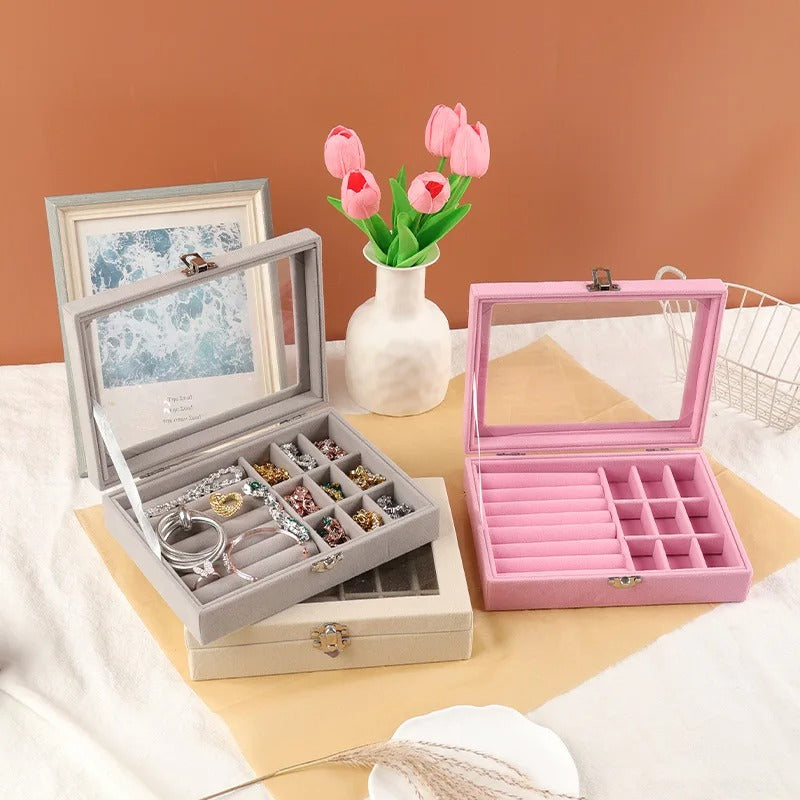 Velvet Glass Ring Earring Jewelry Display Organizer Box