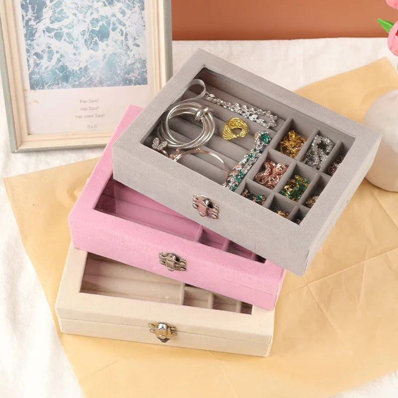 Velvet Glass Ring Earring Jewelry Display Organizer Box